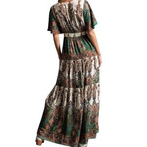 Easel scarf print maxi dress, fringe ties , v-neckline, green paisley print, S